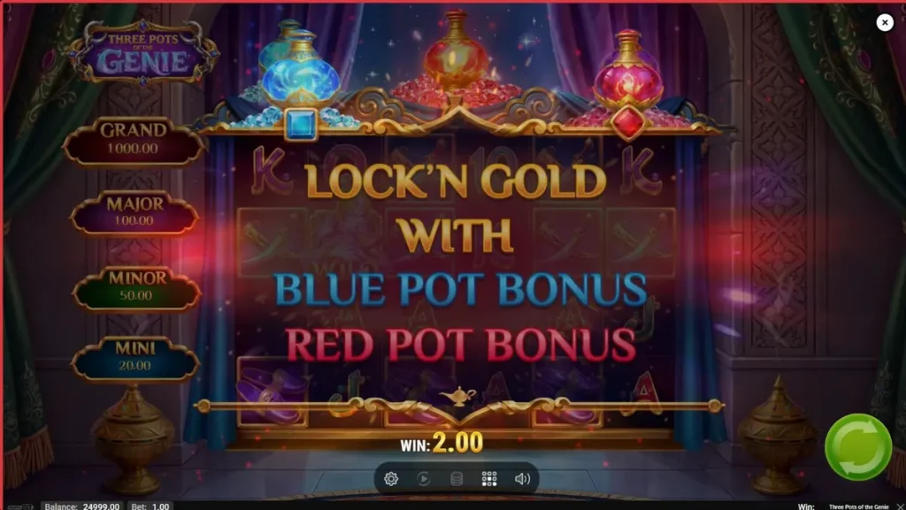 Tampilan visual slot Three Pots of the Genie dengan latar belakang Arabian Nights